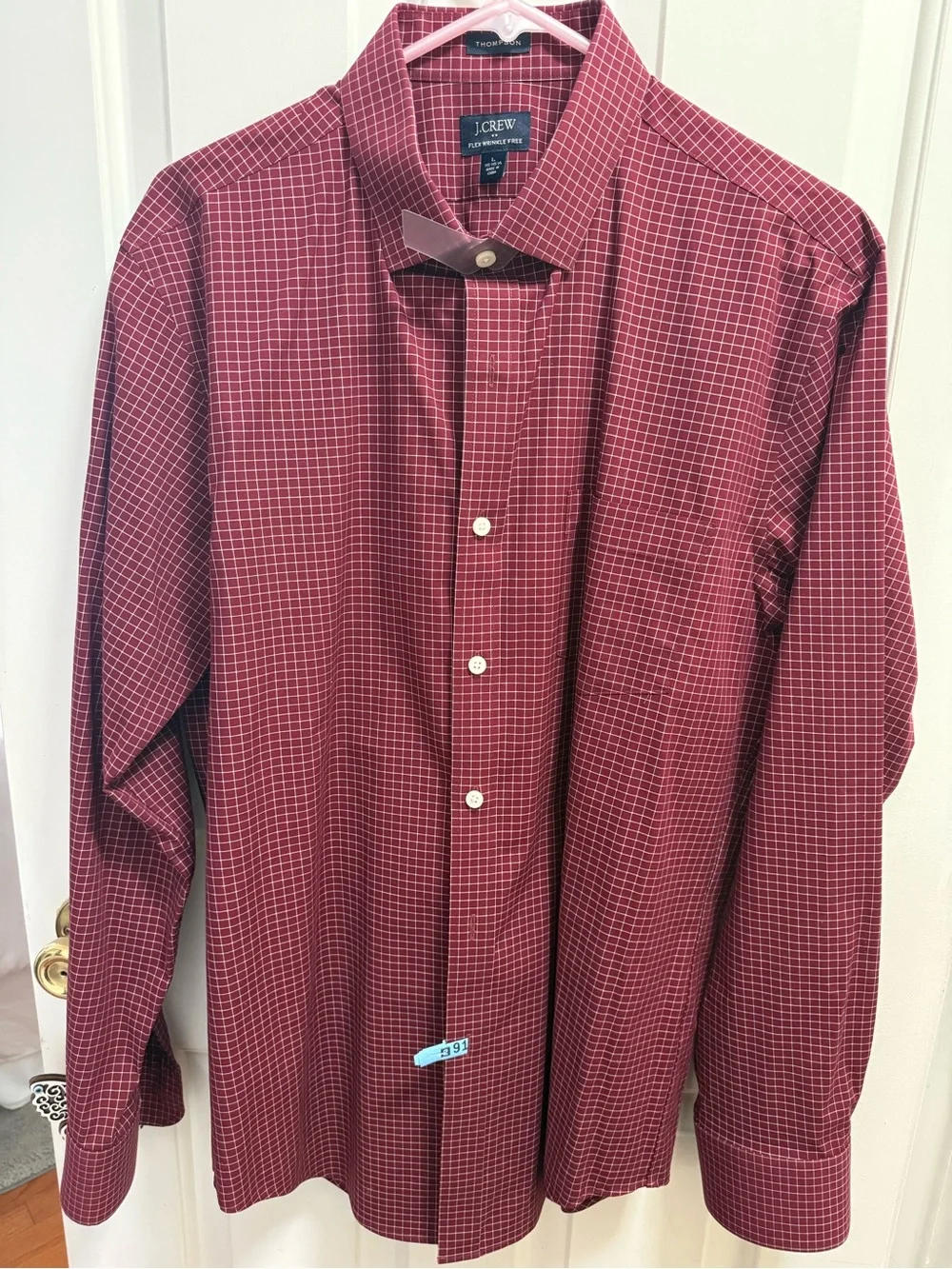 Men’s Flex Wrinkle-Free Burgundy Check Dress Shirt, Large Preppy